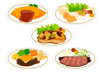 オムライス、エビフライなどの日本の洋食のベクターイラストセット。