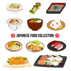 刺身、おにぎり、焼き鳥、豚肉の生姜焼きなどの日本食・和食のベクターイラストセット