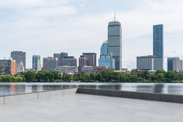 Fototapeta premium Skyscrapers Cityscape Downtown, Boston Skyline Buildings. Beautiful Real Estate. Day time. Empty rooftop View. Success concept.