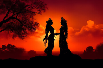 Fototapeta na wymiar Divine love story of Hindu gods Radha and Krishna through a contemporary art