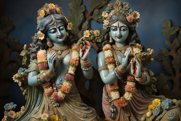 Divine love story of Hindu gods Radha and Krishna through a contemporary art