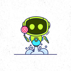 Cute green robot holding a lollipop icon illustration. Flat cartoon character design. 