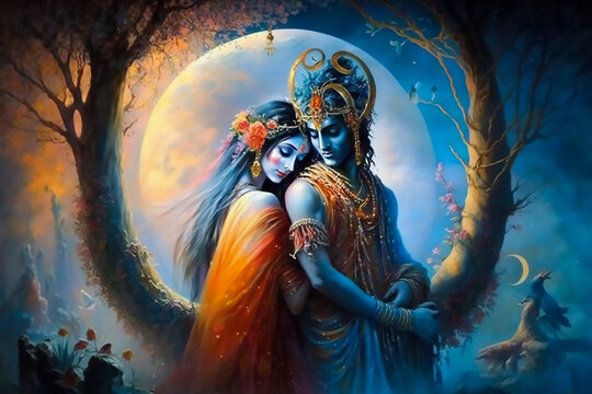 Divine love story of Hindu gods Radha and Krishna through a contemporary art
