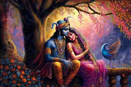 Naklejka Divine love story of Hindu gods Radha and Krishna through a contemporary art