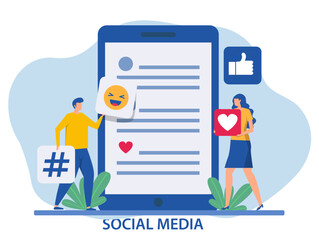 Social media marketing concept,Young People  Using Smartphone. Social Networks, Sending E-mail and Phones Texting. social media icon banner vector illustrator.