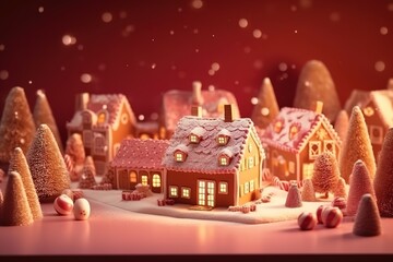 Realistic table decorated, Gingerbread house, generative AI