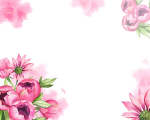 Watercolor postcard for a congratulatory inscription. Hand-drawn bouquet of pink peonies, chrysanthemums and pink spots on a white background. Frame, inscription, card.