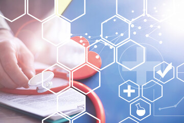 Stethoscope, puzzle heart, prescriptions. Double exposure in composition. Doctor`s desk in the clinic's office.