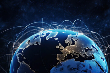globe with internet connectivity, the concept of network security, cloud computing, cybersecurity, geolocation, digital economy,  fibre optics cables, satellite wireless communication, firewall,