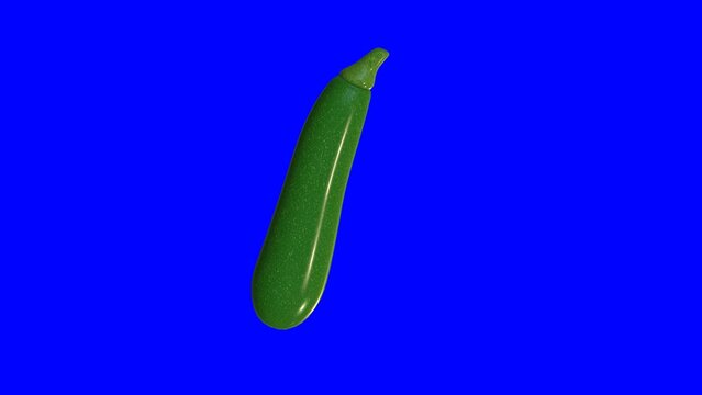3d animation of a zucchini rotating on a blue background. 3d renders. Three dimensional fruit 4k