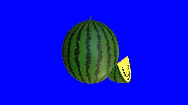 3d animation of a Xigua fruit rotating on a blue background. 3d renders. Three dimensional fruit 4k