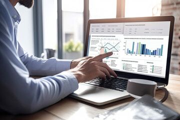 Business person analyzing accounting data on a laptop screen, concept of data visualization, graphs, charts, infographics, dashboard, financial data, collaboration, discussion - obrazy, fototapety, plakaty
