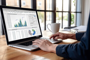 Business person analyzing accounting data on a laptop screen, concept of data visualization, graphs, charts, infographics, dashboard, financial data, collaboration, discussion