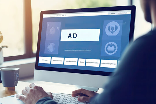 Business person analyzing programmatic ad data on a laptop screen, real-time ad bidding, online advertisement exchange, concept of targeting, automation, algorithm, inventory, demand-side, supply-side