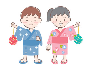 夏祭り　浴衣を着た子供たち