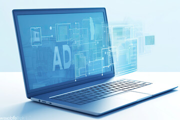 Business person analyzing programmatic ad data on a laptop screen, real-time ad bidding, online advertisement exchange, concept of targeting, automation, algorithm, inventory, demand-side, supply-side