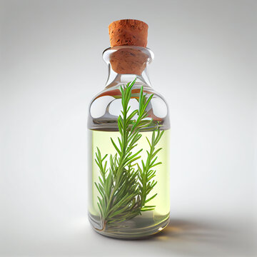 Rosemary oil with sprig on white background | Rosemary essential oil with twig for label | Advertisement | Packaging | Generative AI | Hyper realistic | Photorealism | Digital art