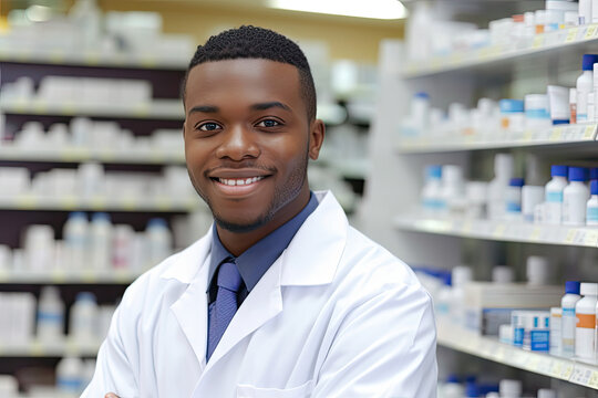 african american pharmacist in white coat at pharmacy. AI generative image.