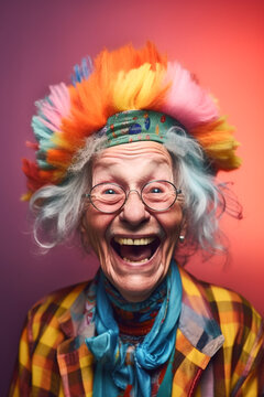 ausgelassen lachende Seniorin voller Lebensfreude, generative AI
