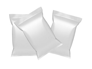 Empty white plastic and silver metallic foil envelopes for packaging design. isolated on white...