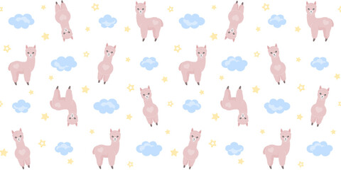 Cute alpacas with a heart on fur, clouds and small stars on a white background. Endless texture with adorable animal and sky. Vector seamless pattern for surface texture, giftwrap, nursery room, print