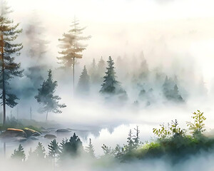 watercolor sketch, morning fog over the taiga