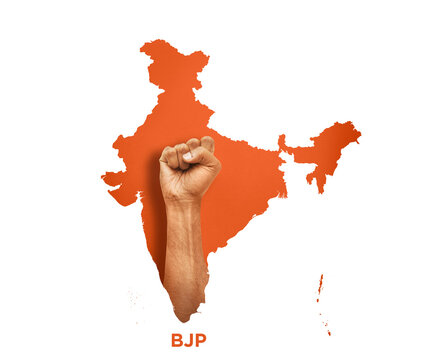 India map Saffron flag with hand to show power of BJP, india election member of parliament narendra modi