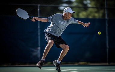 Action shot with copy space of pickleball senior player in mid-air, attempting to hit the ball. Generative AI