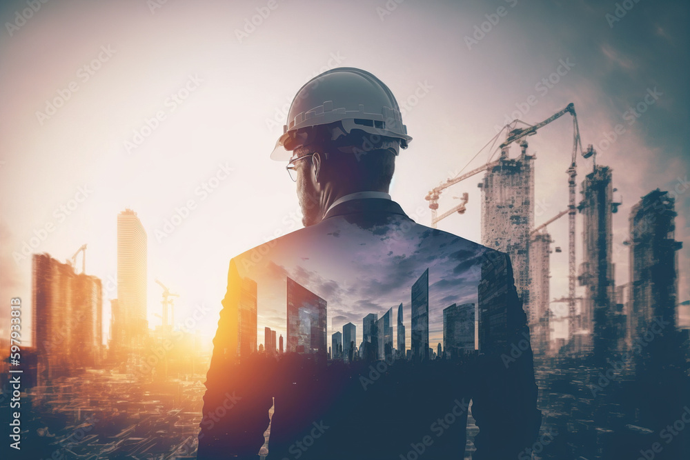 Poster civil engineer portrait as concept for building construct by professional with hardhat helmet engine