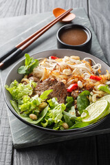 Vietnamese Beef Noodle Salad Pho Tron closeup on the plate on the wooden table. Vertical