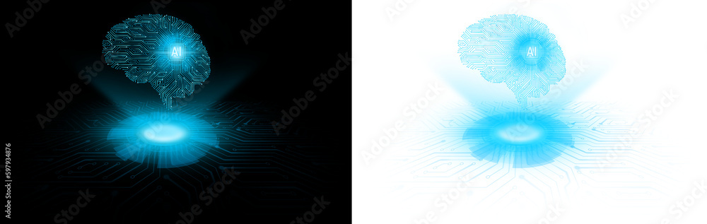 Poster digital human brain with circuit board on . artificial intelligence concept. blue circuit neural con