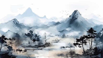 Modern Abstract Landscape of Japan: Nature Background in Watercolor Ink Style Illustration: Generative AI