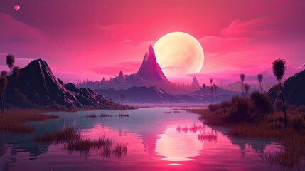 Obraz premium Moody Magical Fantasy: Soft Pink Hues Illuminate an Abstact Landscape of Hills and Clouds at Sunset. Generative AI