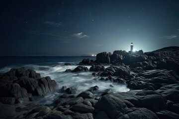 Moonlight Lighthouse on Rocky Beach: Tranquil Coastal Landscape, Generative AI