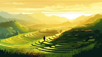 The Rising Sun Illuminating a Green Rice Terrace: A Digital Art Illustration of Nature's Ecological Wonders, Generative AI - obrazy, fototapety, plakaty
