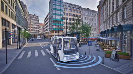 Autonomous electric bus self driving on street, Smart vehicle technology concept, 3d render