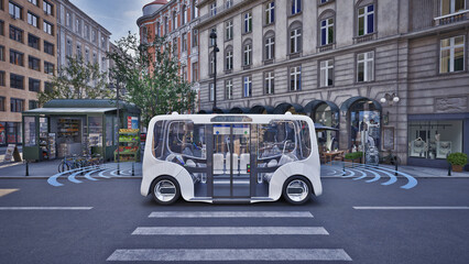 Fototapeta premium Autonomous electric bus self driving on street, Smart vehicle technology concept, 3d render