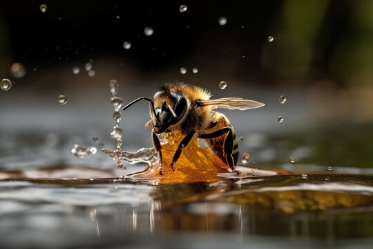 Macro Shot of a Bee taking a bath, Generative AI 