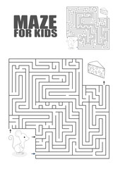Cartoon Vector Illustration of Education Maze or Labyrinth Game for Preschool Children. Puzzle. Tangled Road. Coloring Page Outline Of little mouse with cheese. Coloring book for kids.