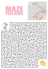 Cartoon Vector Illustration of Education Maze or Labyrinth Game for Preschool Children. Puzzle. Tangled Road.  Outline Of little mouse with cheese. 