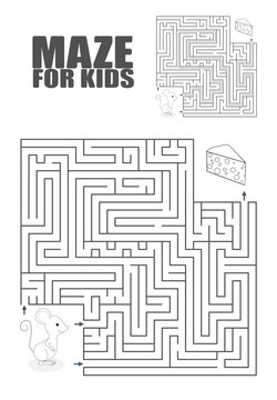 Cartoon Vector Illustration of Education Maze or Labyrinth Game for Preschool Children. Puzzle. Tangled Road. Coloring Page Outline Of little mouse with cheese. Coloring book for kids.