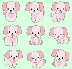 cute small breed puppies Sweet pink tones, smooth, clean, complete set of 9 characters, cartoon drawings, graphics, illustrations