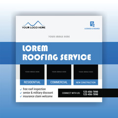 Roofing service social media post design. Promotional banner design for roofing service business. Roofing service ads design template