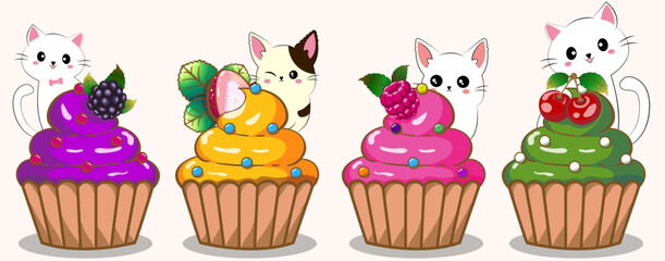Colorful berry cupcakes in 4 flavors with 4 cute little cats, colorful graphic drawings.
