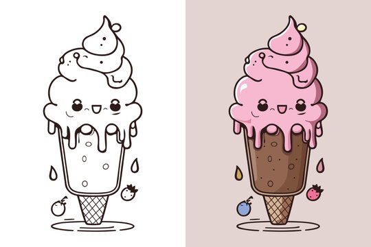 Cute Ice Cream Cartoon line art vector Icon illustration, Food drink Flat Cartoon Concept Pro Vector, Ice Cream Cartoon, Ice Cream cone, cartoon ice cream
