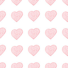 Seamless Pattern with Hearts. Hand Drawn Valentines Background. Red Hearts on White Background. Digital Paper Drawn by Colored Pencils.