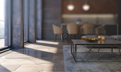 Water leaking and flooded on wood parquet floor in the morning. Room floor will damage after the water flooded.