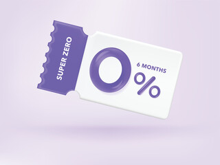 3D Gift voucher with coupon Zero Percentage. For business promotion sales and Discount online purchases. Tag label, sale banner with super zero 0% discount. 3d rendering. - obrazy, fototapety, plakaty