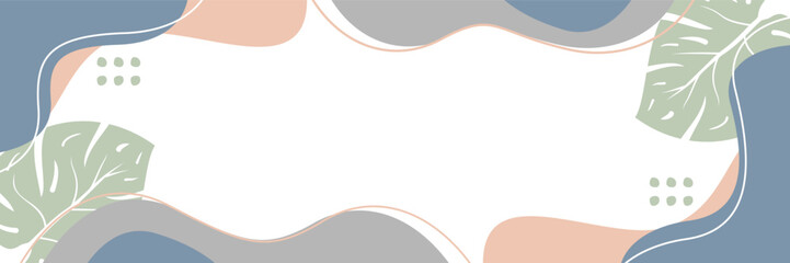 summer background of abstract shapes, waves and leaves pattern with free space for text. Template for banner, poster, social media, web.