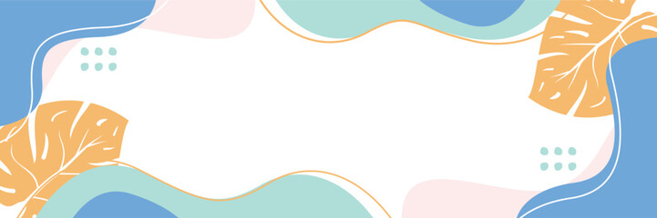 summer background of abstract shapes, waves and leaves pattern with free space for text. Template for banner, poster, social media, web.